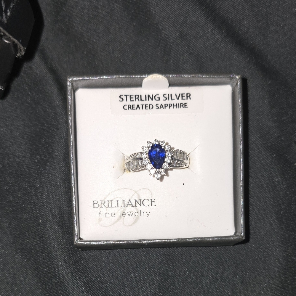 Brilliance 925 Sterling Silver Created Sapphire and WhiteCubic Zirconia CZ Ring
